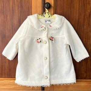 Vintage 80s Girls White Pea Coat with Pink Floral Details Lace Trim